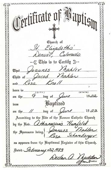 Baptismal record of Joannes Mahler