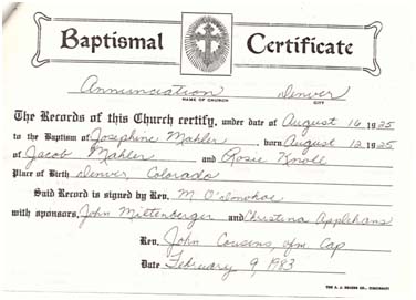 Baptismal record of Josephine Mahler