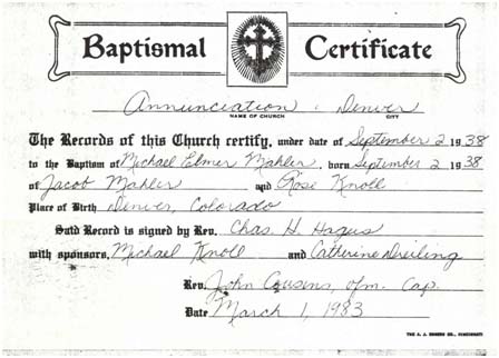 Baptismal record of Michael Elmer Mahler