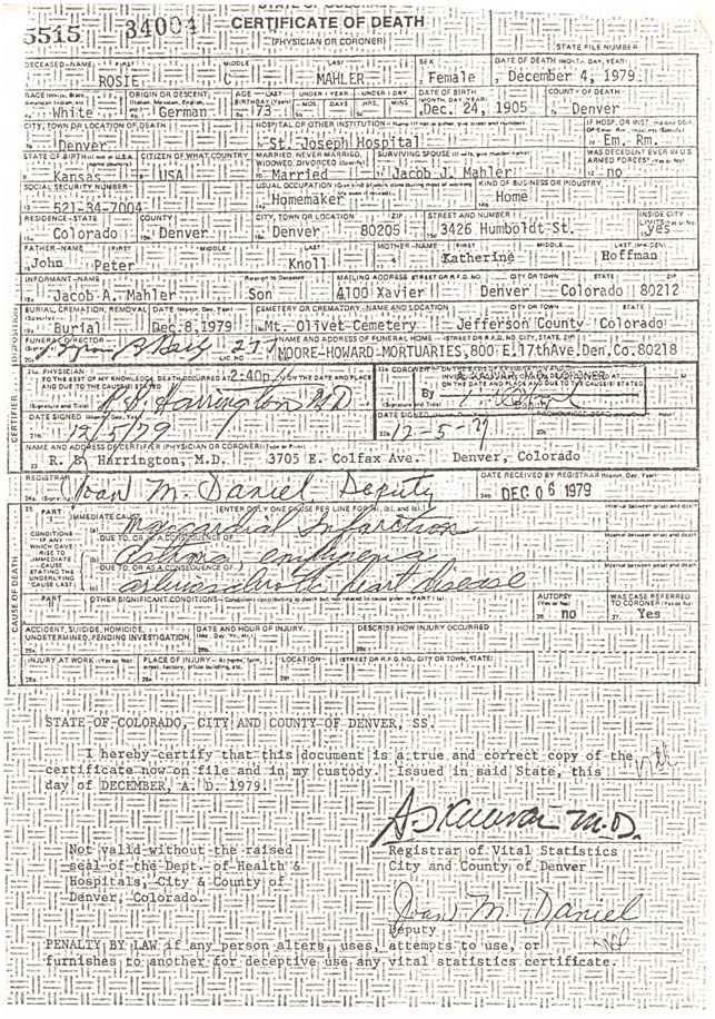 Death certificate of Rosie C. Mahler