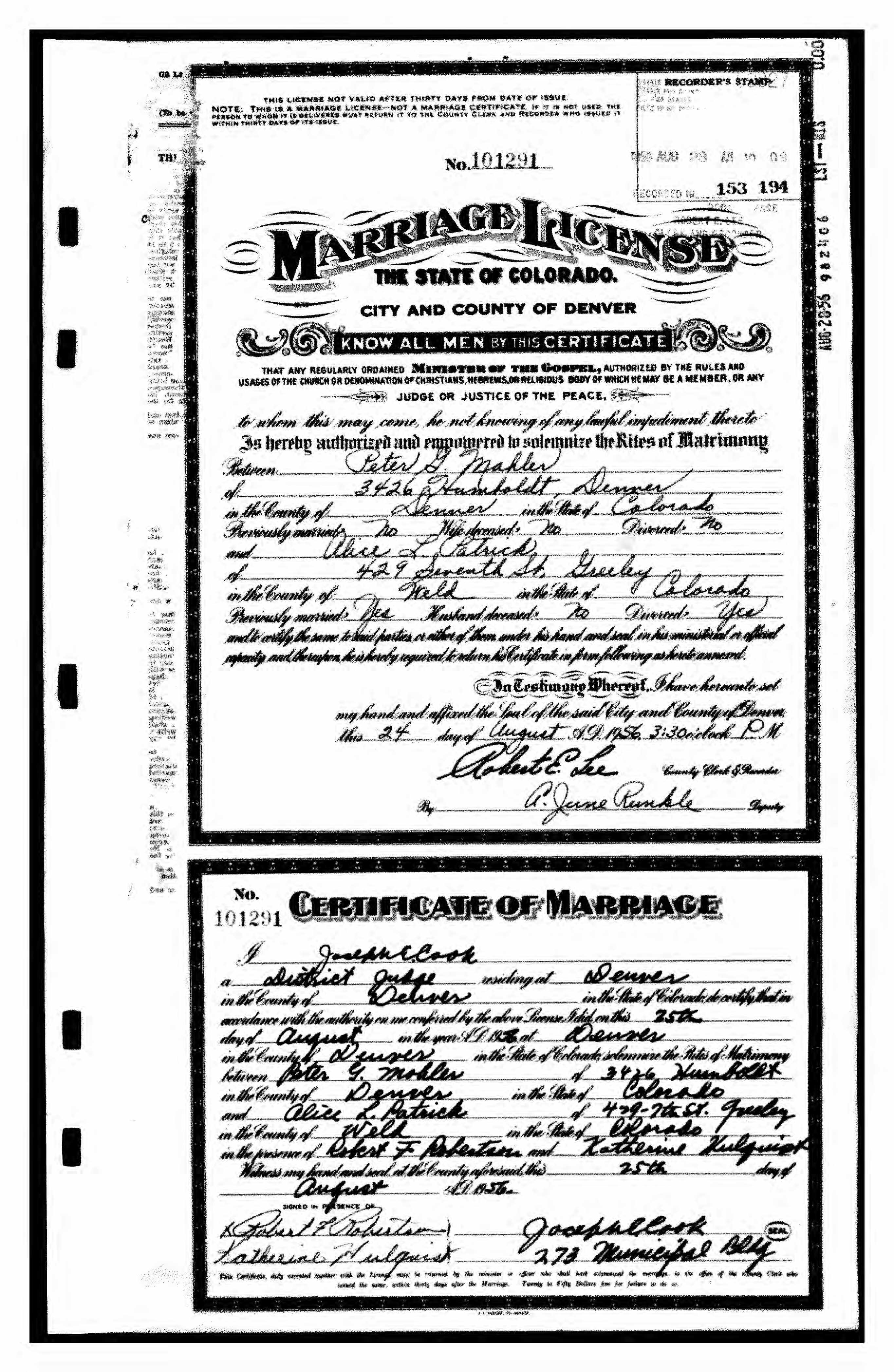 Marriage record of Peter G. Mahler and Alice L. Patrick
