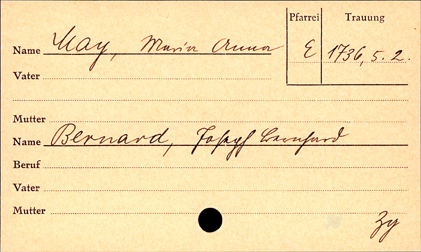 Marriage record of Joseph Bernhard Bernard and Maria Anna May