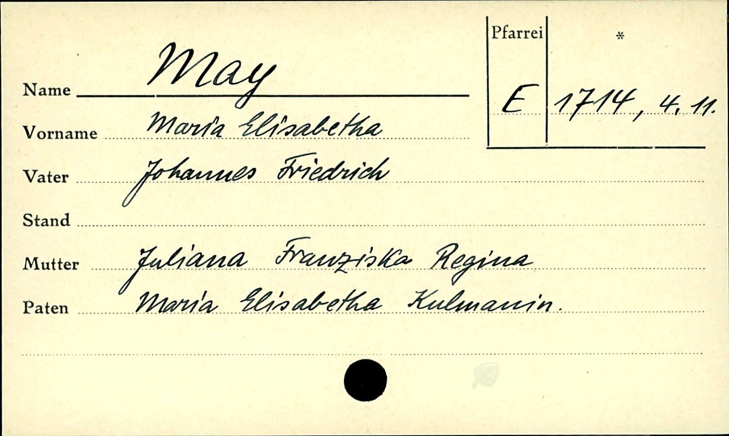 Christening record of Maria Elisabetha May